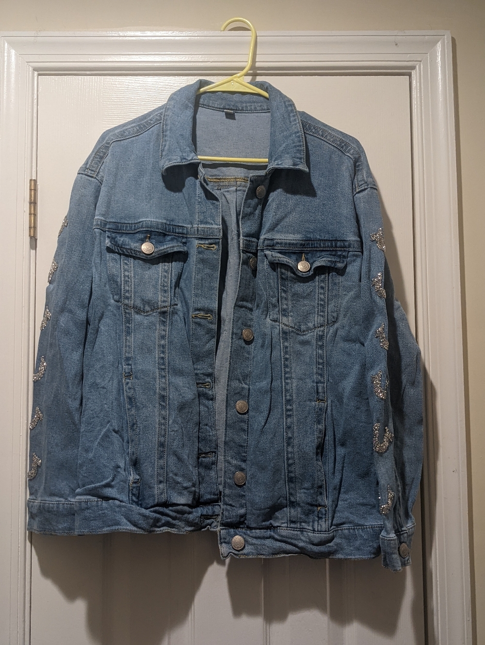True Religion Medium Oversized Denim Jacket with Horseshoe Embellished Sleeves